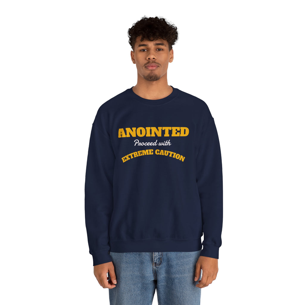 Crewneck Sweatshirt – "ANOINTED Proceed With EXTREME Caution!!" Christian Graphic