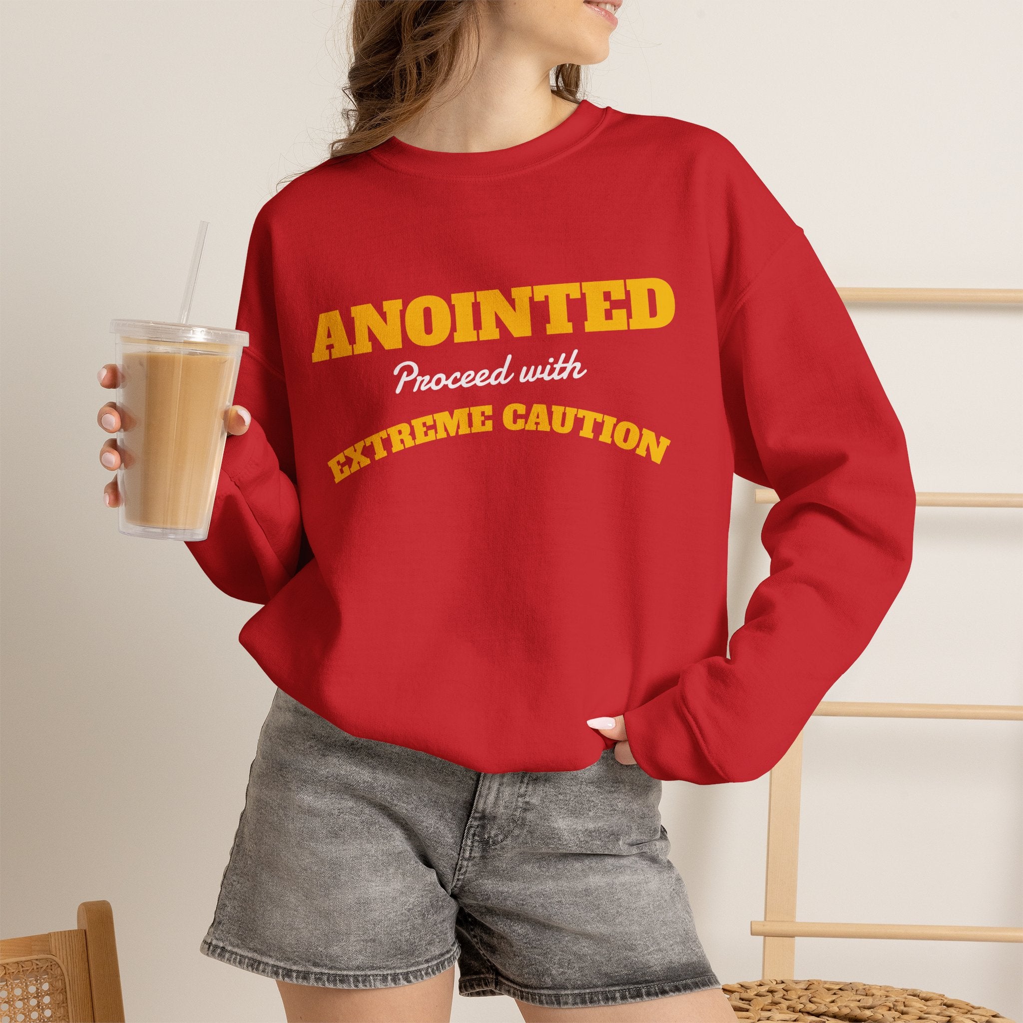 Crewneck Sweatshirt – "ANOINTED Proceed With EXTREME Caution!!" Christian Graphic