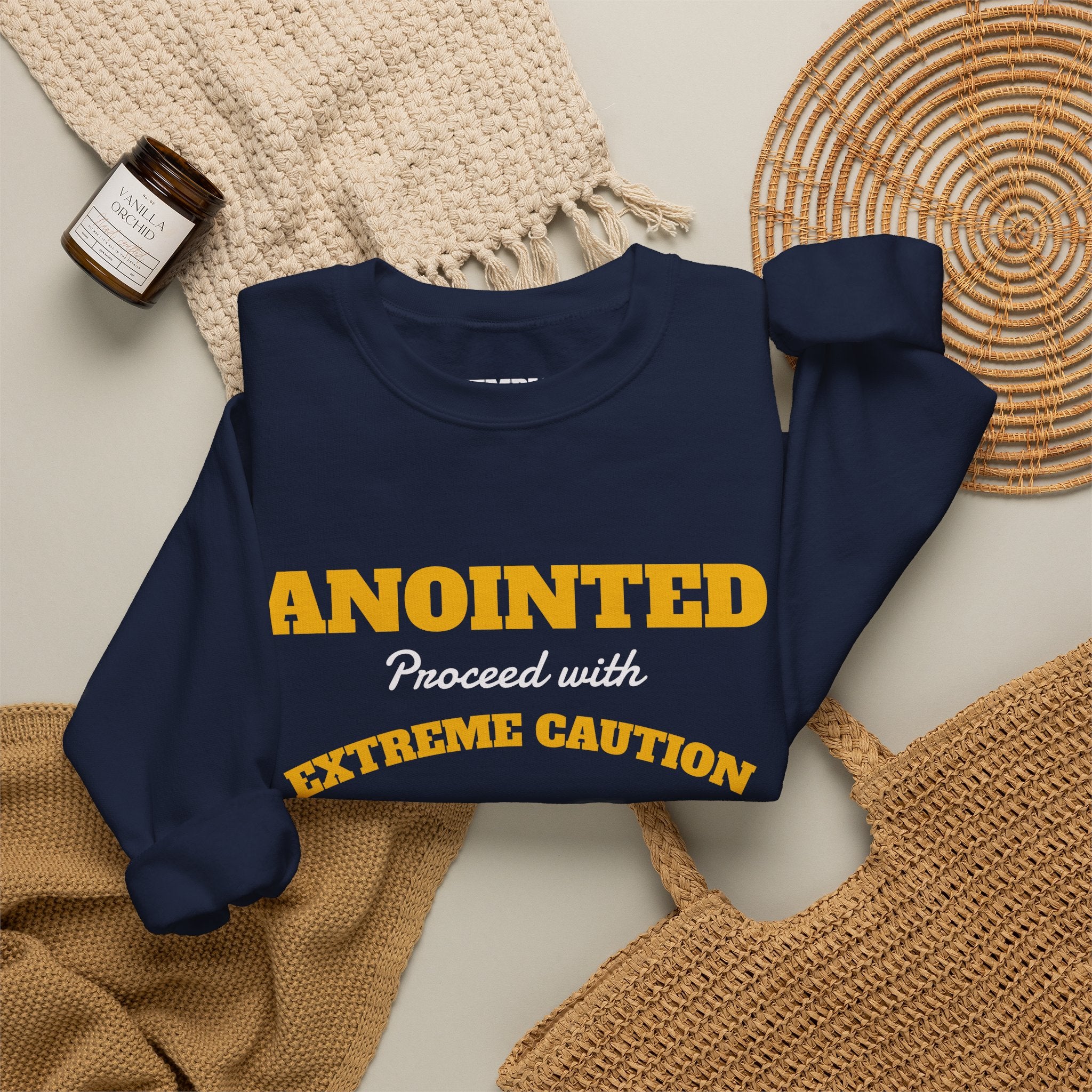 Crewneck Sweatshirt – "ANOINTED Proceed With EXTREME Caution!!" Christian Graphic
