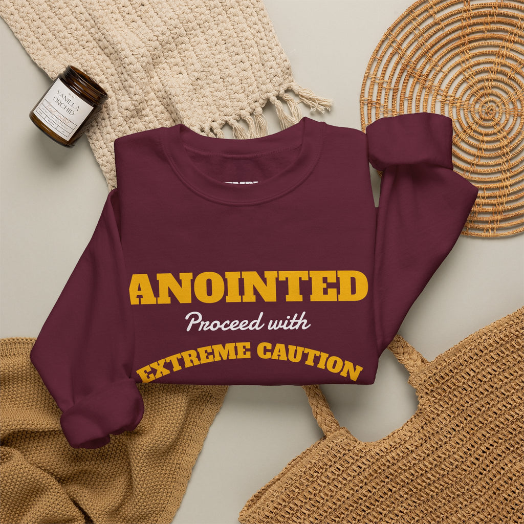 Crewneck Sweatshirt – "ANOINTED Proceed With EXTREME Caution!!" Christian Graphic