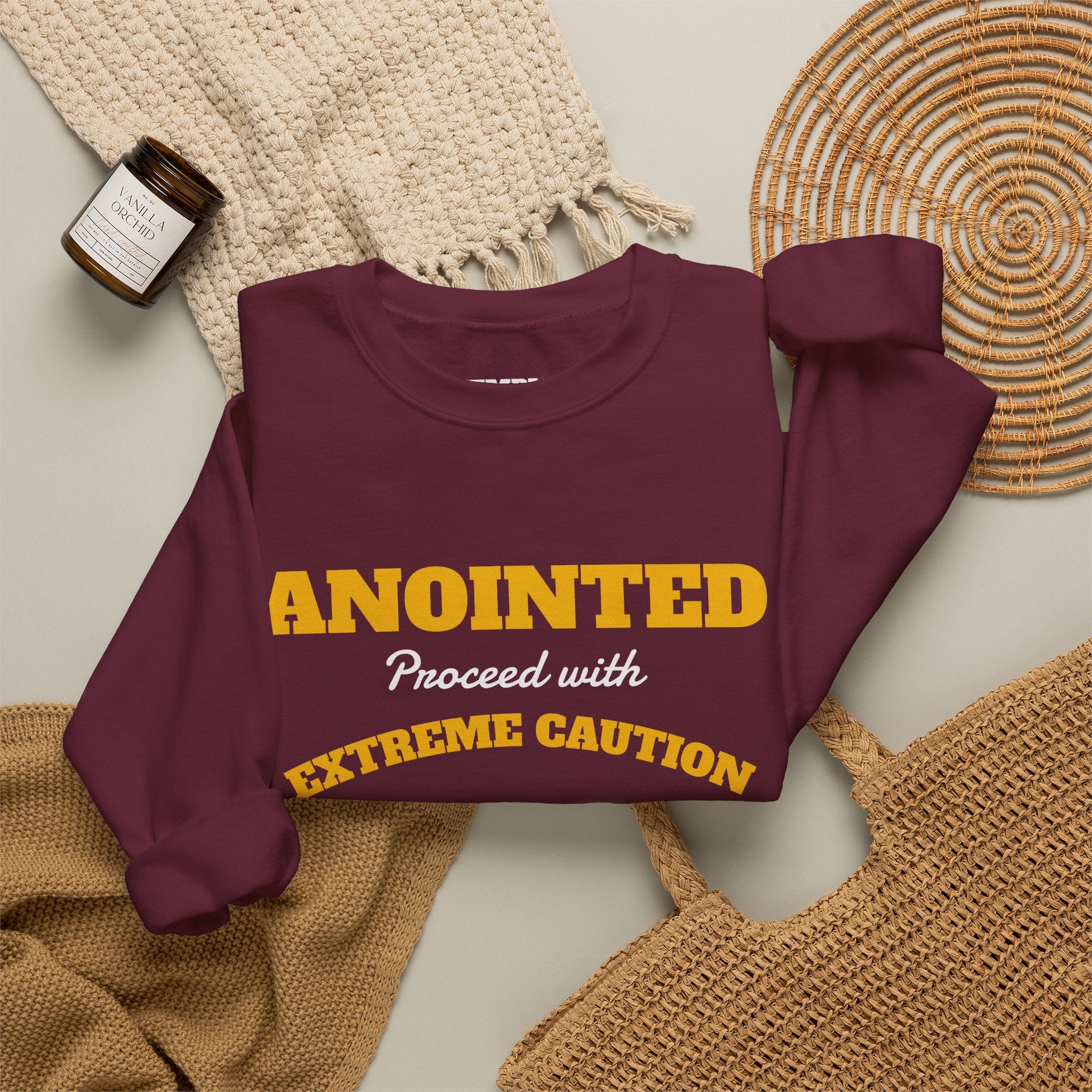Crewneck Sweatshirt – "ANOINTED Proceed With EXTREME Caution!!" Christian Graphic