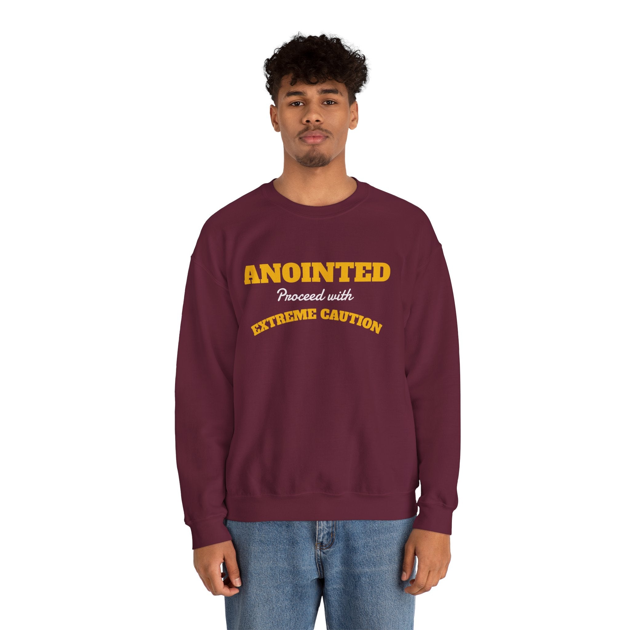 Crewneck Sweatshirt – "ANOINTED Proceed With EXTREME Caution!!" Christian Graphic